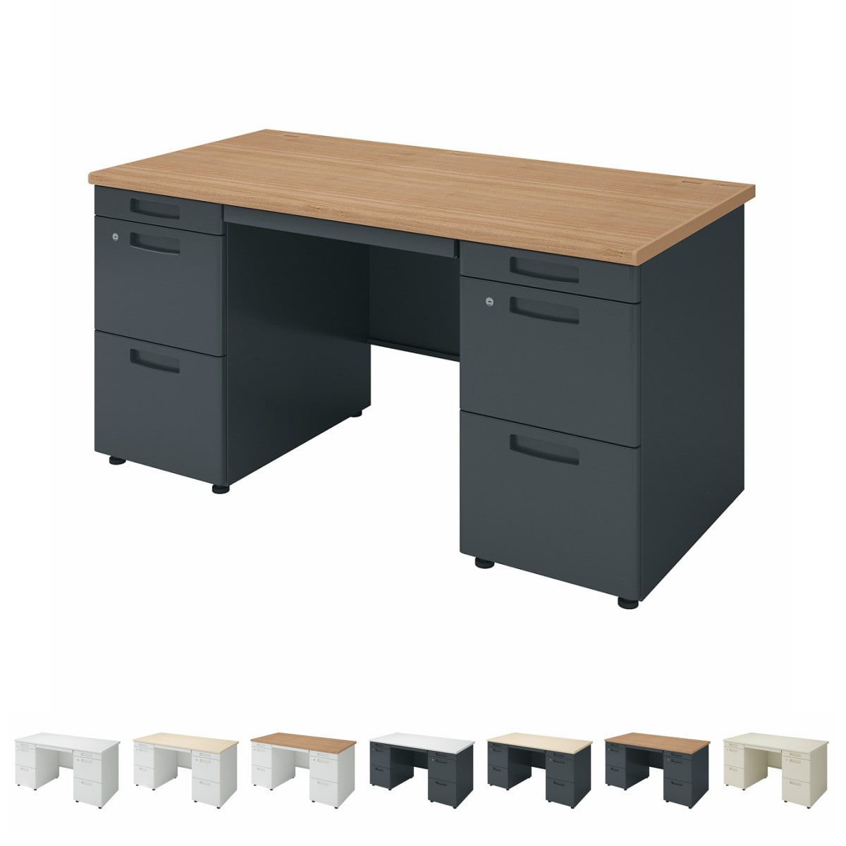 INVENT インベント／両袖机／W1400×D700／天板ラスティックミディアム／本体ブラック