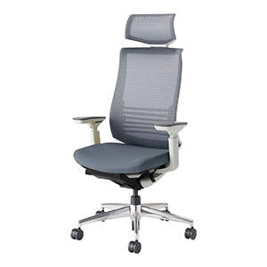 Bezel ベゼル／ヘッドレスト付きタイプ／可動肘／アルミポリッシュ脚／ランバーサポート付き／ホワイトフレーム／背座同色／ソフトグレー／フローリング用キャスター