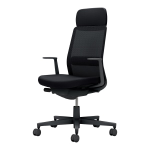 Monet モネット／背メッシュタイプ／ショルダーサポート付き／ランバーサポート付き／L型肘／ブラック脚／本体ブラック／背・座・ランバーサポート ブラック／カーペット用キャスター