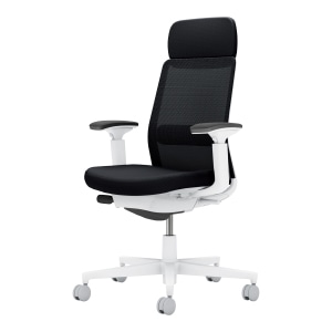 Monet モネット／背メッシュタイプ／ショルダーサポート付き／ランバーサポート付き／可動肘／ホワイト脚／本体ホワイト／背・座・ランバーサポート ブラック／カーペット用キャスター