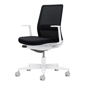 Monet モネット／背メッシュタイプ／ショルダーサポートなし／ランバーサポート付き／L型肘／ホワイト脚／本体ホワイト／背・座・ランバーサポート ブラック／カーペット用キャスター