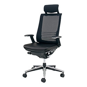 INSPINE インスパイン/ヘッドレスト付き/T型肘/座面革張り/ブラックフレーム/座ブラック/フローリング用キャスター