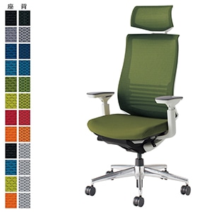 Bezel ベゼル／ヘッドレスト付きタイプ／可動肘／アルミポリッシュ脚／ランバーサポート付き／ホワイトフレーム／背座同色／オリーブグリーン／フローリング用キャスター
