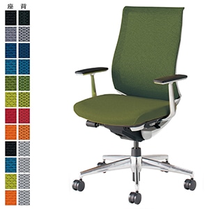 Bezel ベゼル／モデレートタイプ／アルミ肘／アルミポリッシュ脚／ランバーサポートなし／ホワイトフレーム／背座同色／オリーブグリーン／フローリング用キャスター