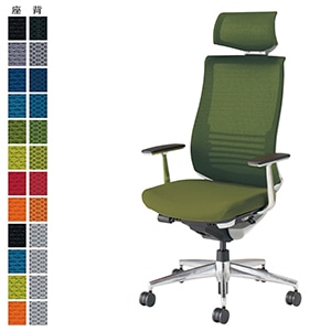 Bezel ベゼル／ヘッドレスト付きタイプ／アルミ肘／アルミポリッシュ脚／ランバーサポート付き／ホワイトフレーム／背座同色／オリーブグリーン／フローリング用キャスター