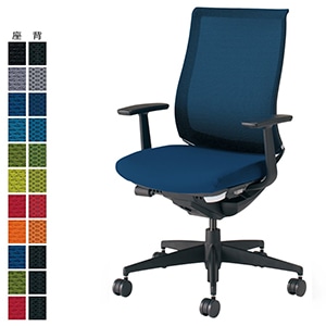 Bezel ベゼル／モデレートタイプ／T型肘／ブラック樹脂脚／ランバーサポートなし／ブラックフレーム／背座同色／プルシアンブルー／フローリング用キャスター