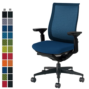 Bezel ベゼル／モデレートタイプ／可動肘／ブラック樹脂脚／ランバーサポートなし／ブラックフレーム／背座同色／プルシアンブルー／フローリング用キャスター