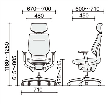ヘッドレスト付き/可動肘